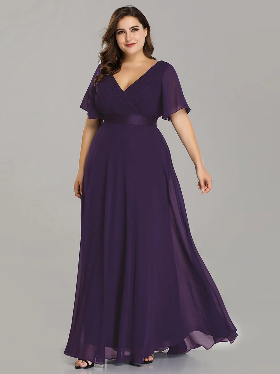 pretty MONICA|Plus Size Long Empire Waist Bridesmaid Dress with Short Flutter Sleeves - Image 97