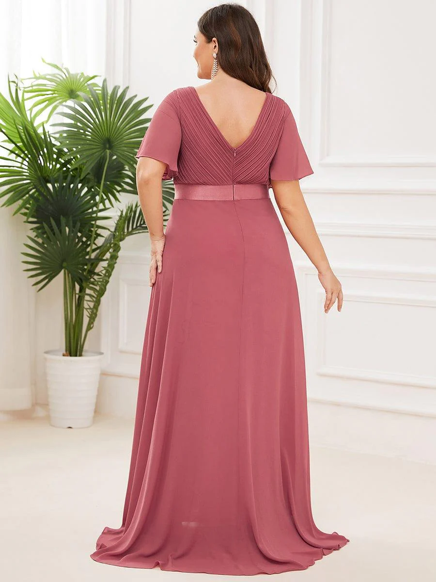 pretty MONICA|Plus Size Long Empire Waist Bridesmaid Dress with Short Flutter Sleeves - Image 98