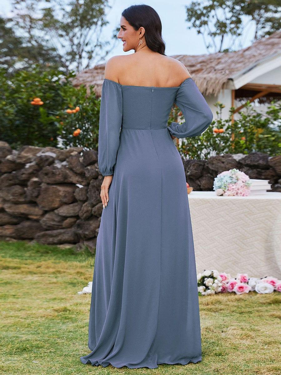 ever DANICA|Long Sleeve Chiffon Off Shoulder Dresses with High Slit in Dusty Blue - Image 2