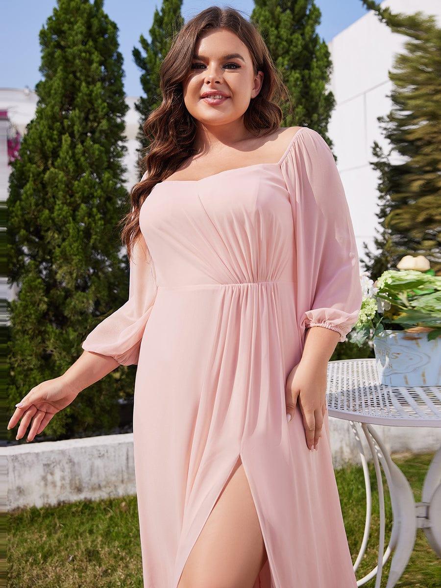 ever DANICA|Long Sleeve Chiffon Off Shoulder Dresses with High Slit In Pink - Image 8