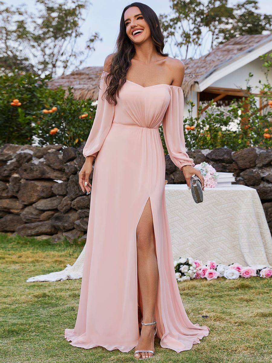 ever DANICA|Long Sleeve Chiffon Off Shoulder Evening Dresses with High Slit