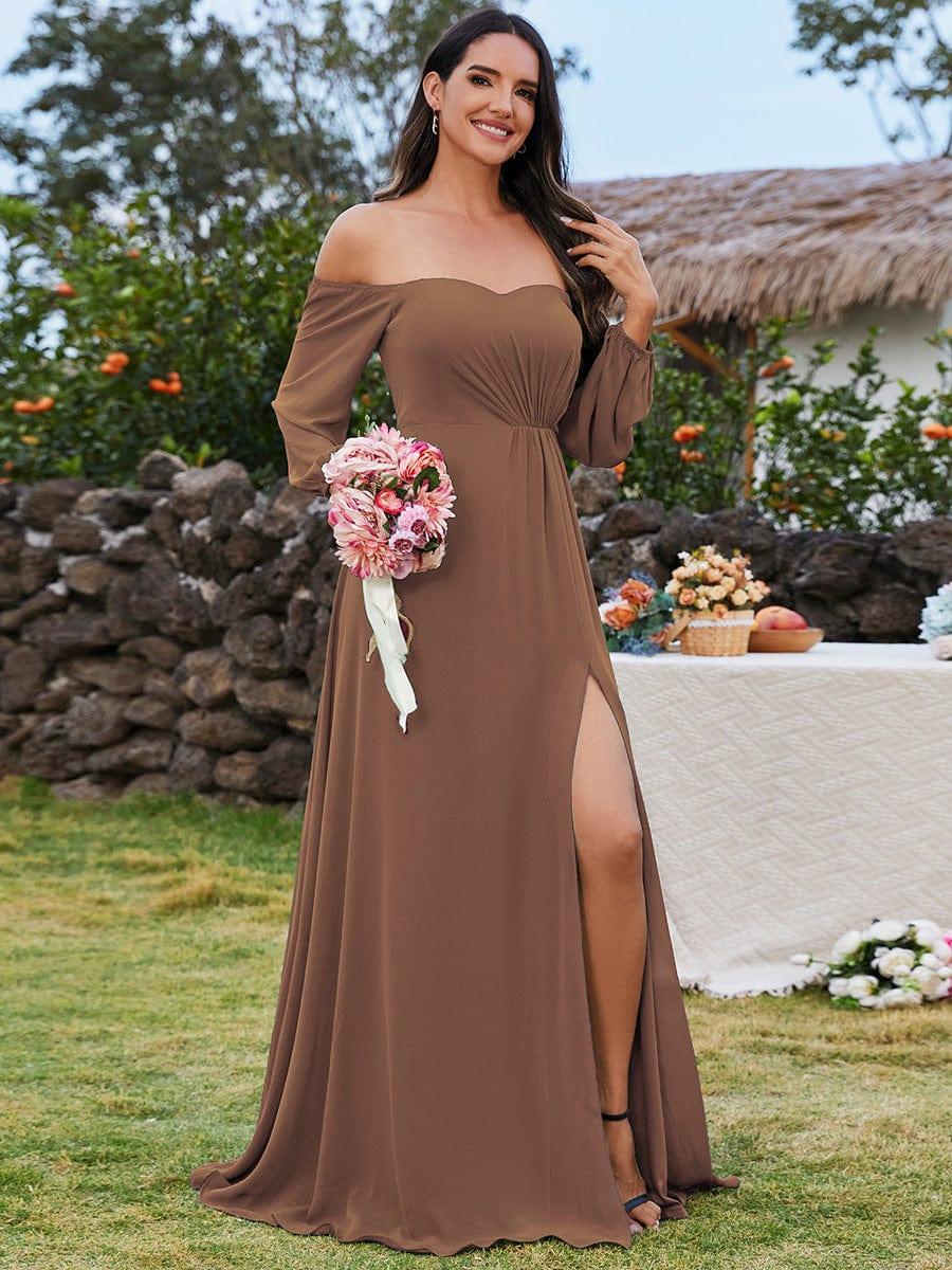 ever DANICA|Long Sleeve Chiffon Off Shoulder Evening Dresses with High Slit - Image 55