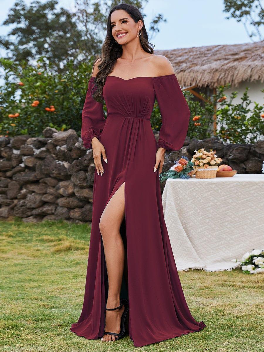 ever DANICA|Long Sleeve Chiffon Off Shoulder Evening Dresses with High Slit - Image 6
