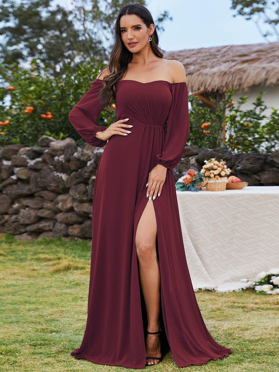 ever DANICA|Long Sleeve Chiffon Off Shoulder Evening Dresses with High Slit - Image 7