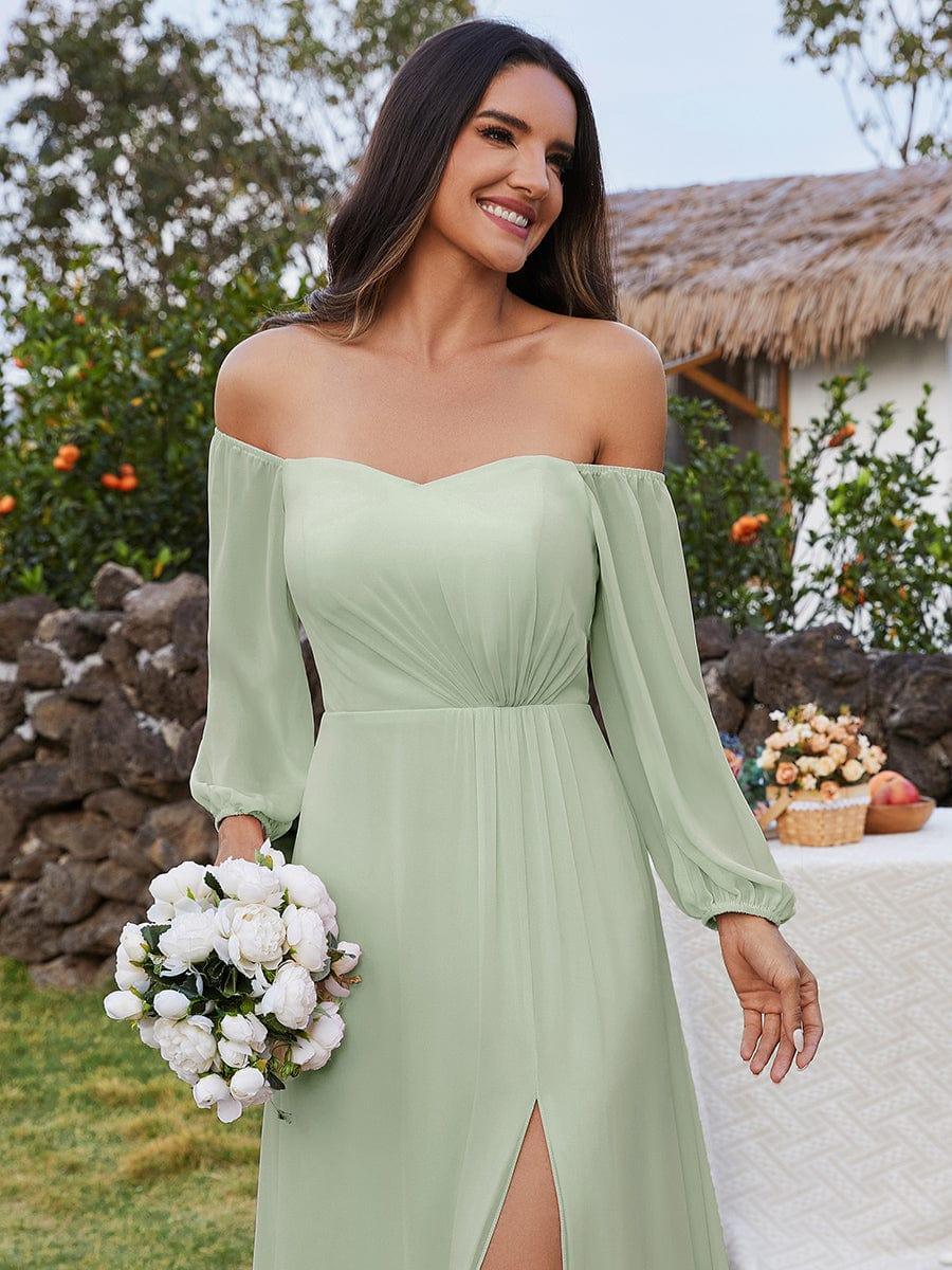 ever DANICA|Long Sleeve Chiffon Off Shoulder Wedding Guest Dresses with High Slit - Image 21