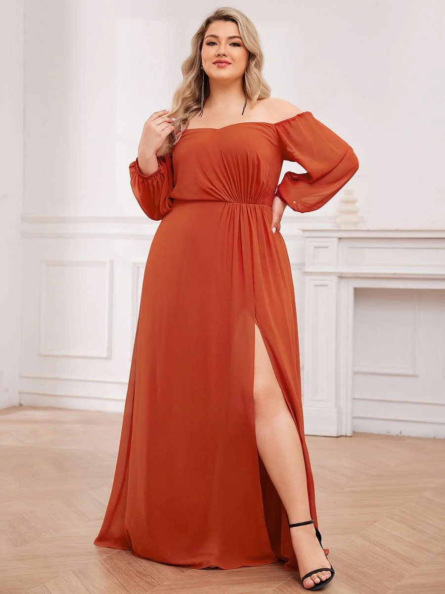 ever DANICA|Long Sleeve Chiffon Off Shoulder Wedding Guest Dresses with High Slit - Image 44