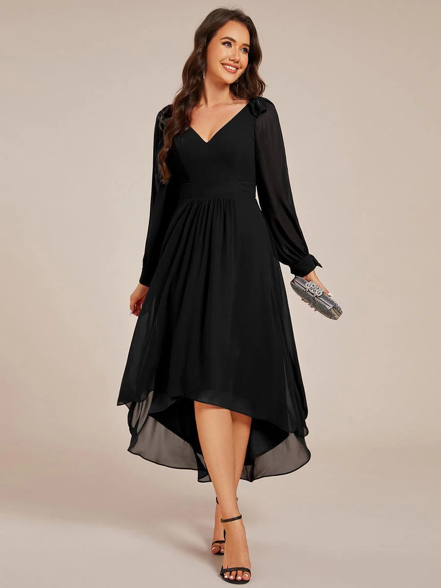 ever MYLAN|Long Sleeve V-Neck Midi Asymmetrical Hem Chiffon Dress in Black - Image 4