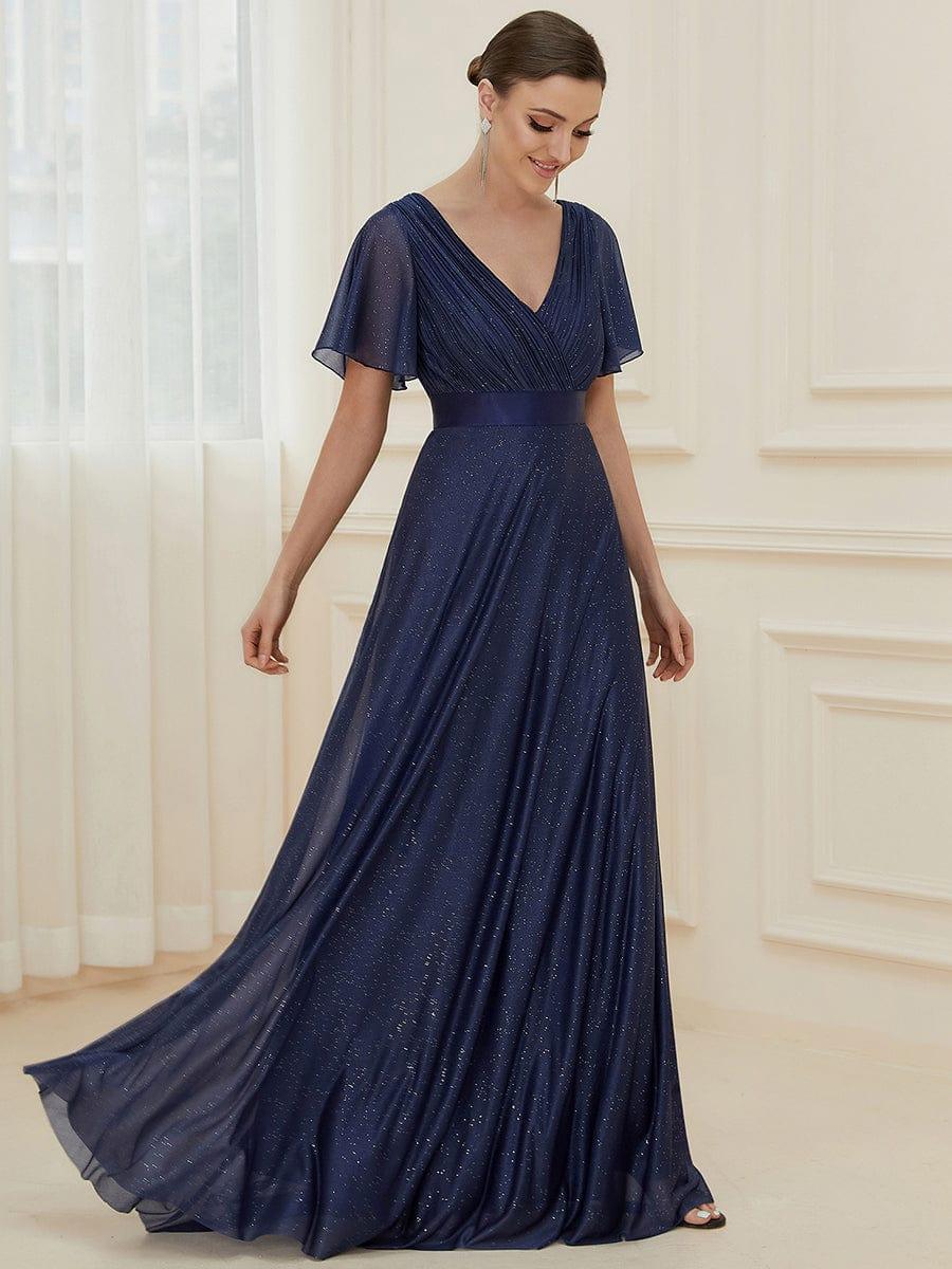 ever LIORÉ|Long Shimmery Flutter Sleeve Pleated V-Neck Evening Dress
