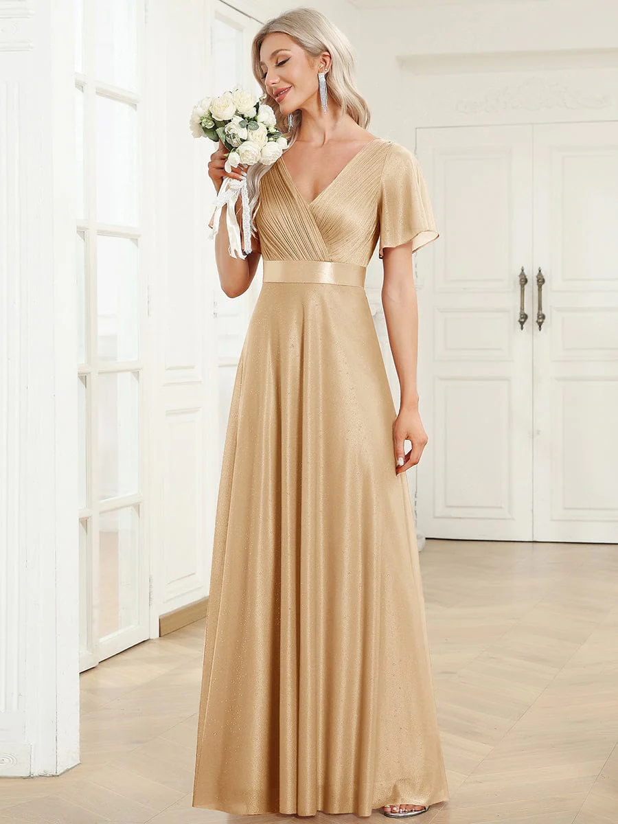 ever LIORÉ|Long Shimmery Flutter Sleeve Pleated V-Neck Evening Dress - Image 112