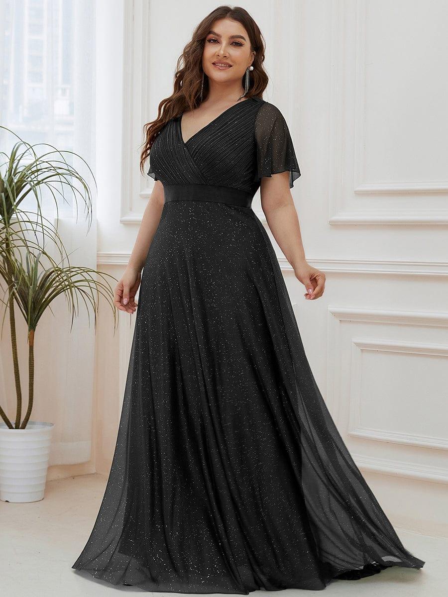 ever LIORÉ|Long Shimmery Flutter Sleeve Pleated V-Neck Evening Dress - Image 18