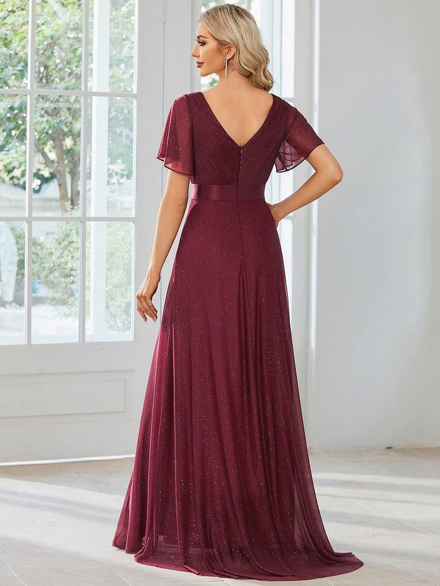 ever LIORÉ|Long Shimmery Flutter Sleeve Pleated V-Neck Evening Dress - Image 21