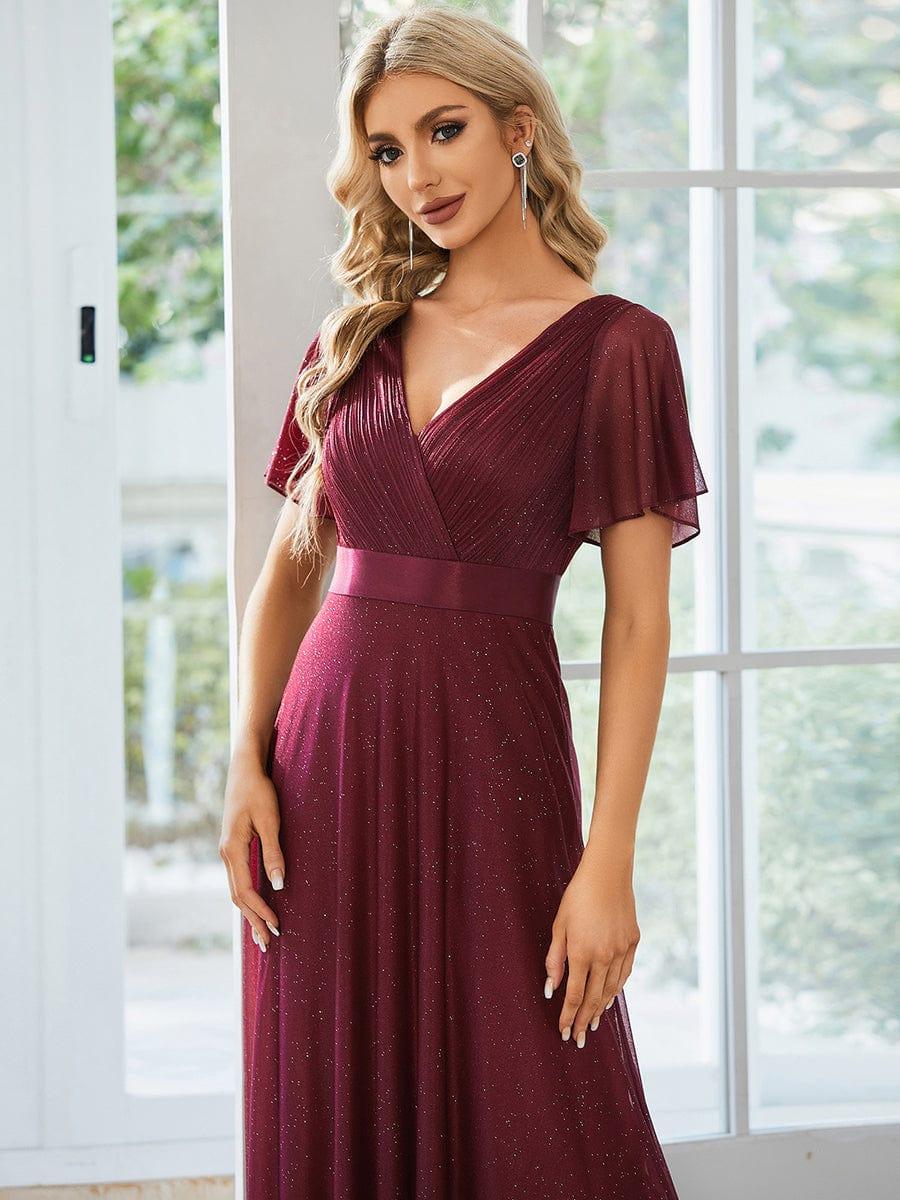 ever LIORÉ|Long Shimmery Flutter Sleeve Pleated V-Neck Evening Dress - Image 22