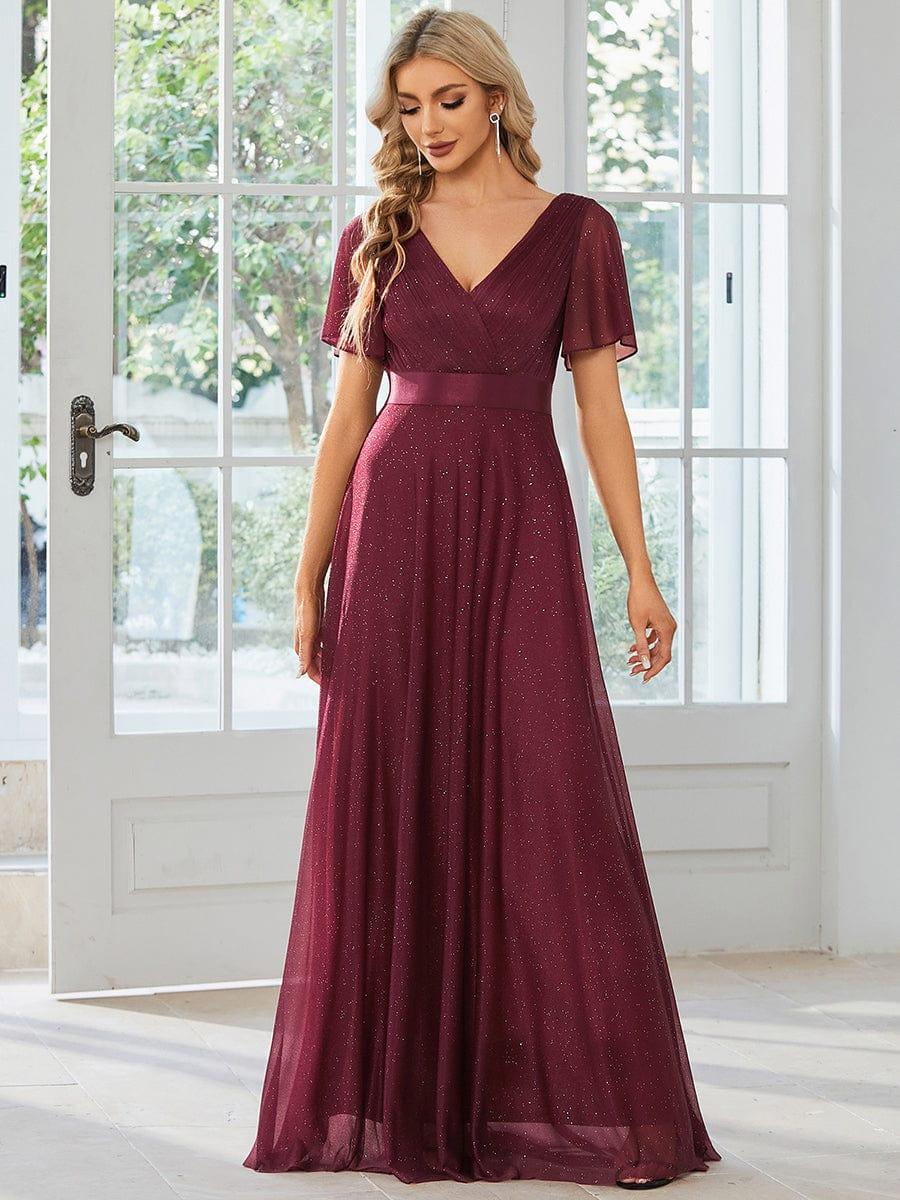 ever LIORÉ|Long Shimmery Flutter Sleeve Pleated V-Neck Evening Dress - Image 23