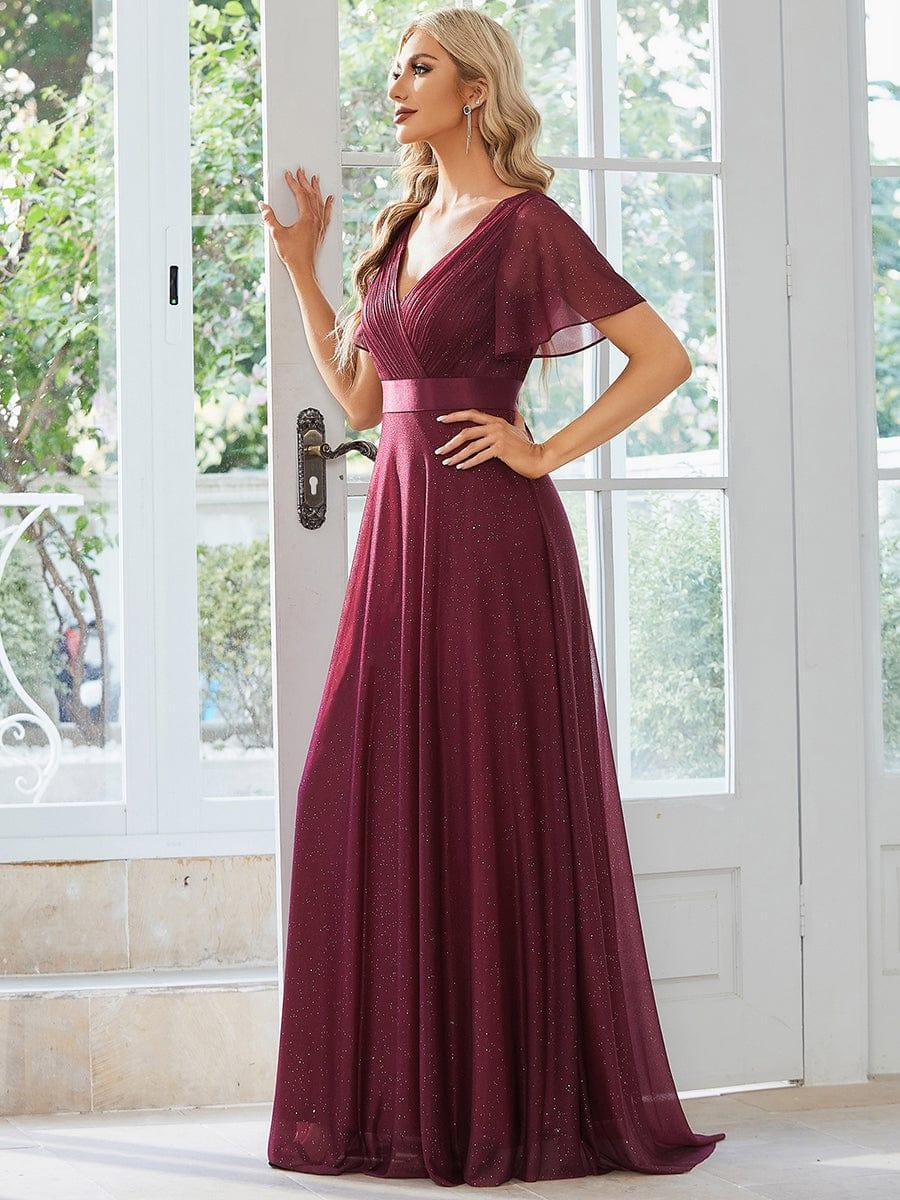 ever LIORÉ|Long Shimmery Flutter Sleeve Pleated V-Neck Evening Dress - Image 24