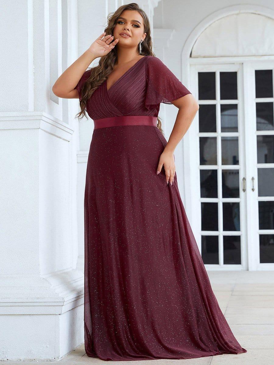 ever LIORÉ|Long Shimmery Flutter Sleeve Pleated V-Neck Evening Dress - Image 25
