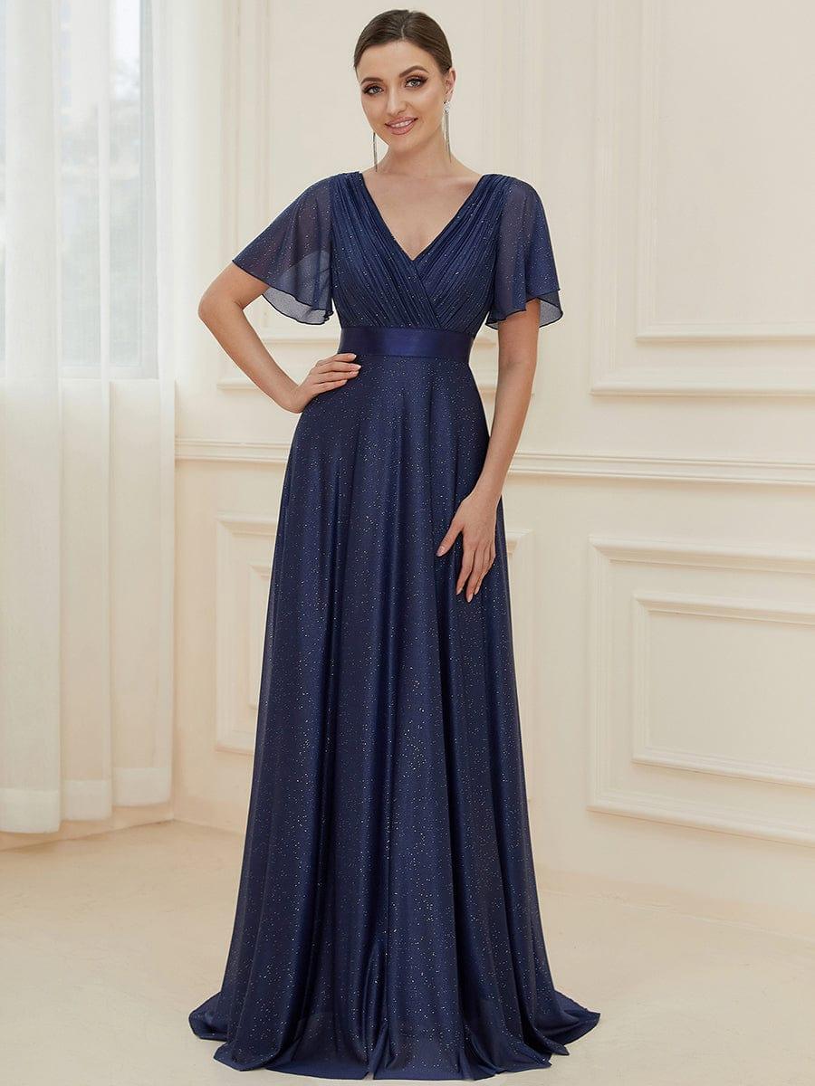 ever LIORÉ|Long Shimmery Flutter Sleeve Pleated V-Neck Evening Dress - Image 28