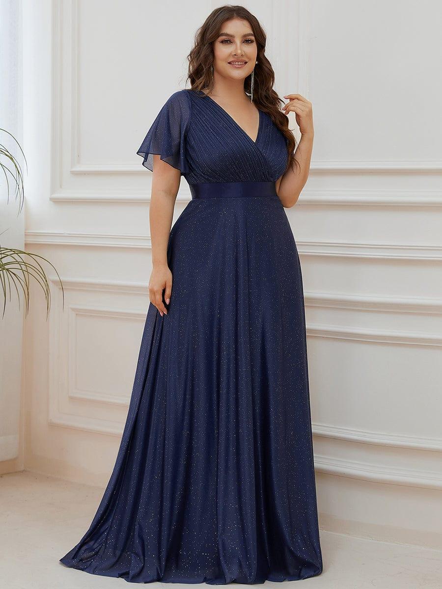 ever LIORÉ|Long Shimmery Flutter Sleeve Pleated V-Neck Evening Dress - Image 30