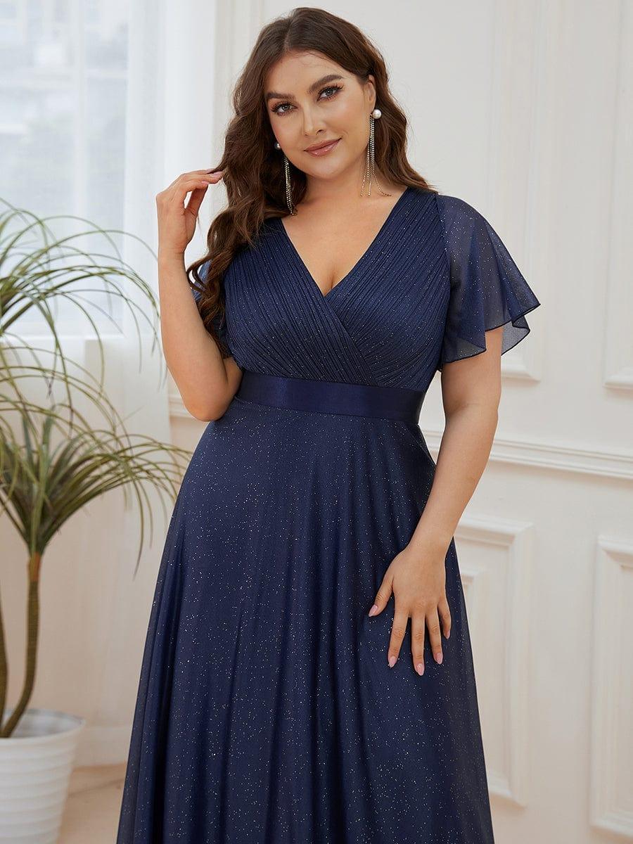 ever LIORÉ|Long Shimmery Flutter Sleeve Pleated V-Neck Evening Dress - Image 32