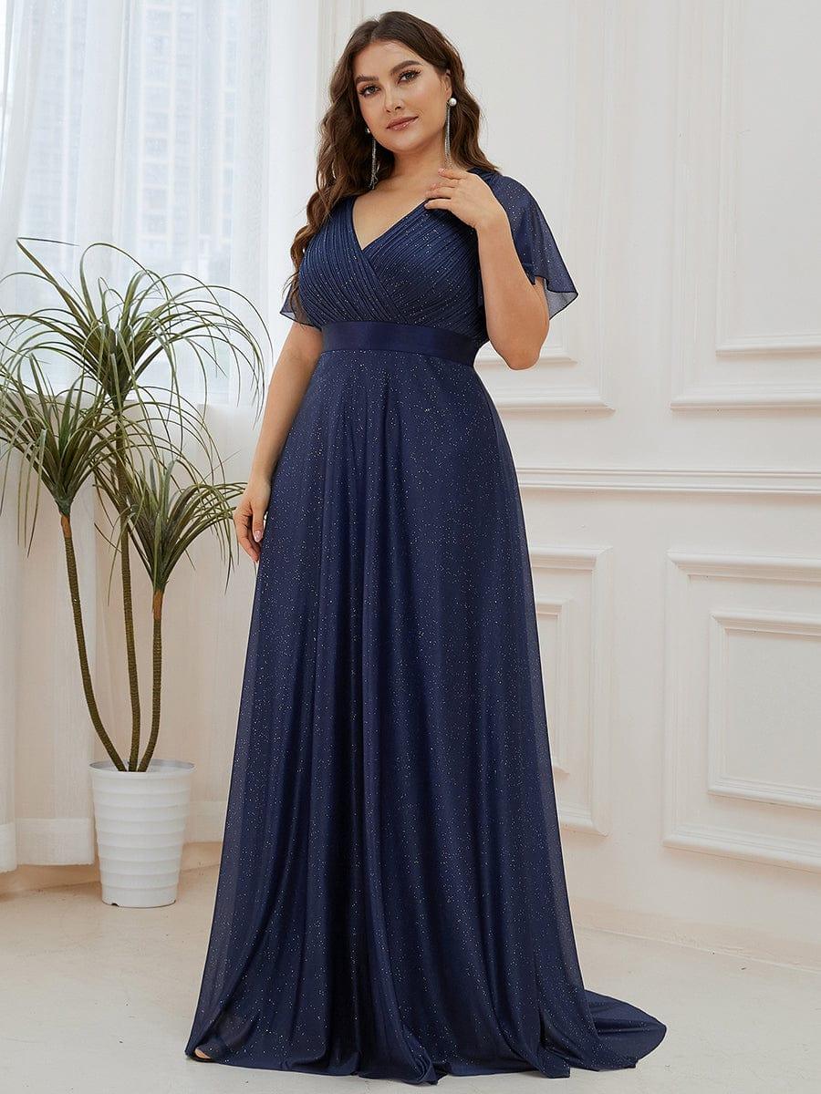 ever LIORÉ|Long Shimmery Flutter Sleeve Pleated V-Neck Evening Dress - Image 33