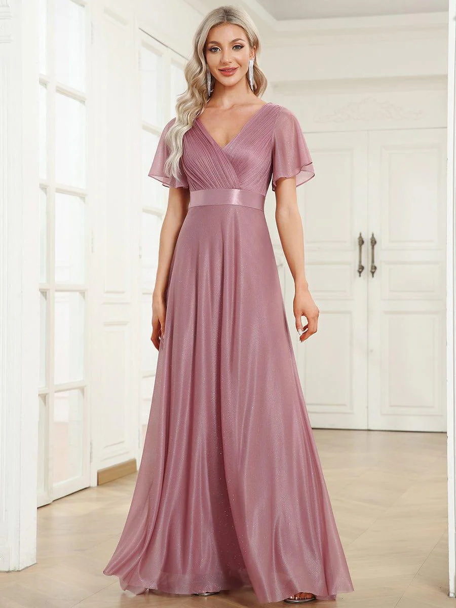 ever LIORÉ|Long Shimmery Flutter Sleeve Pleated V-Neck Evening Dress - Image 34