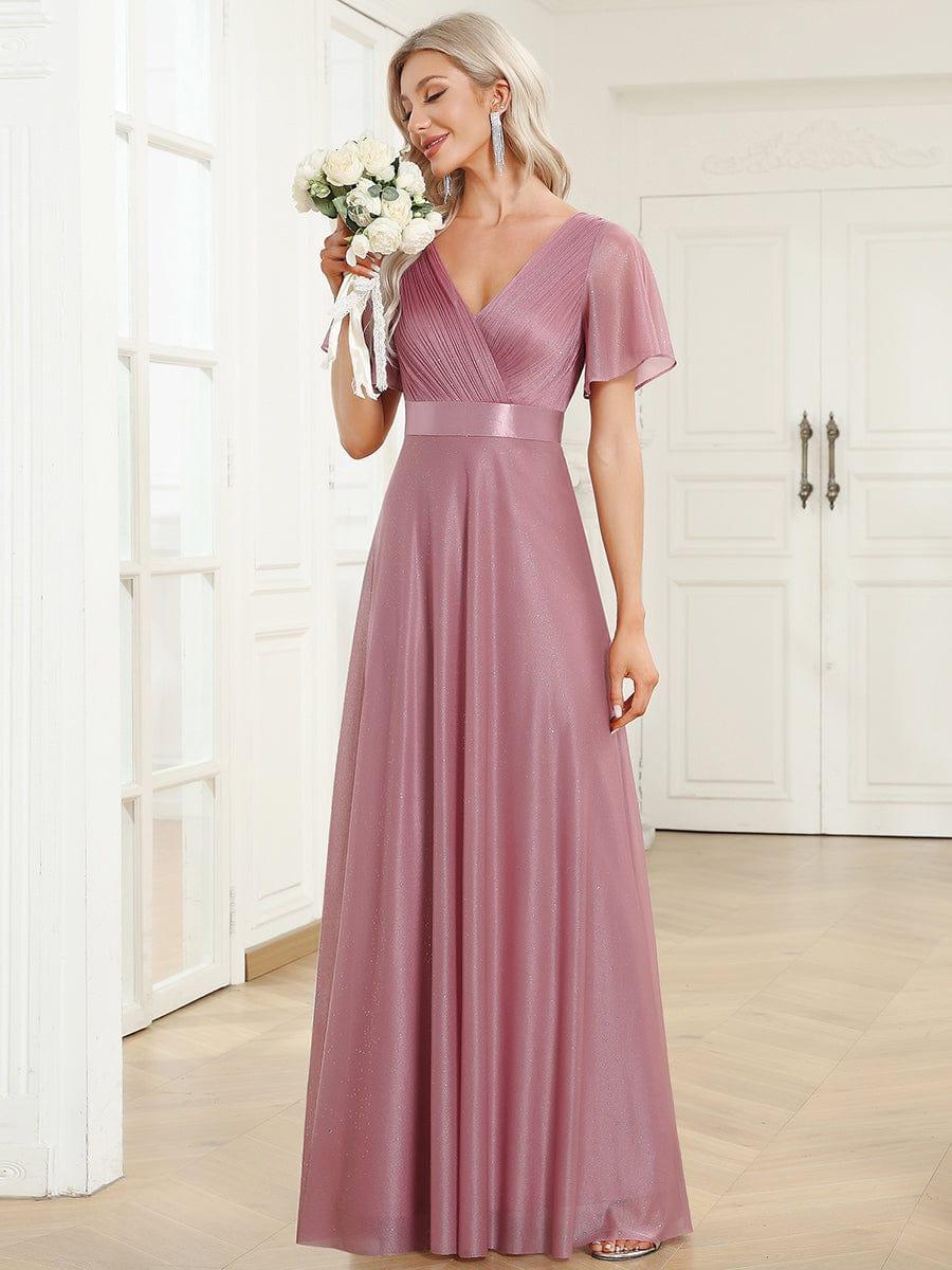 ever LIORÉ|Long Shimmery Flutter Sleeve Pleated V-Neck Evening Dress - Image 36