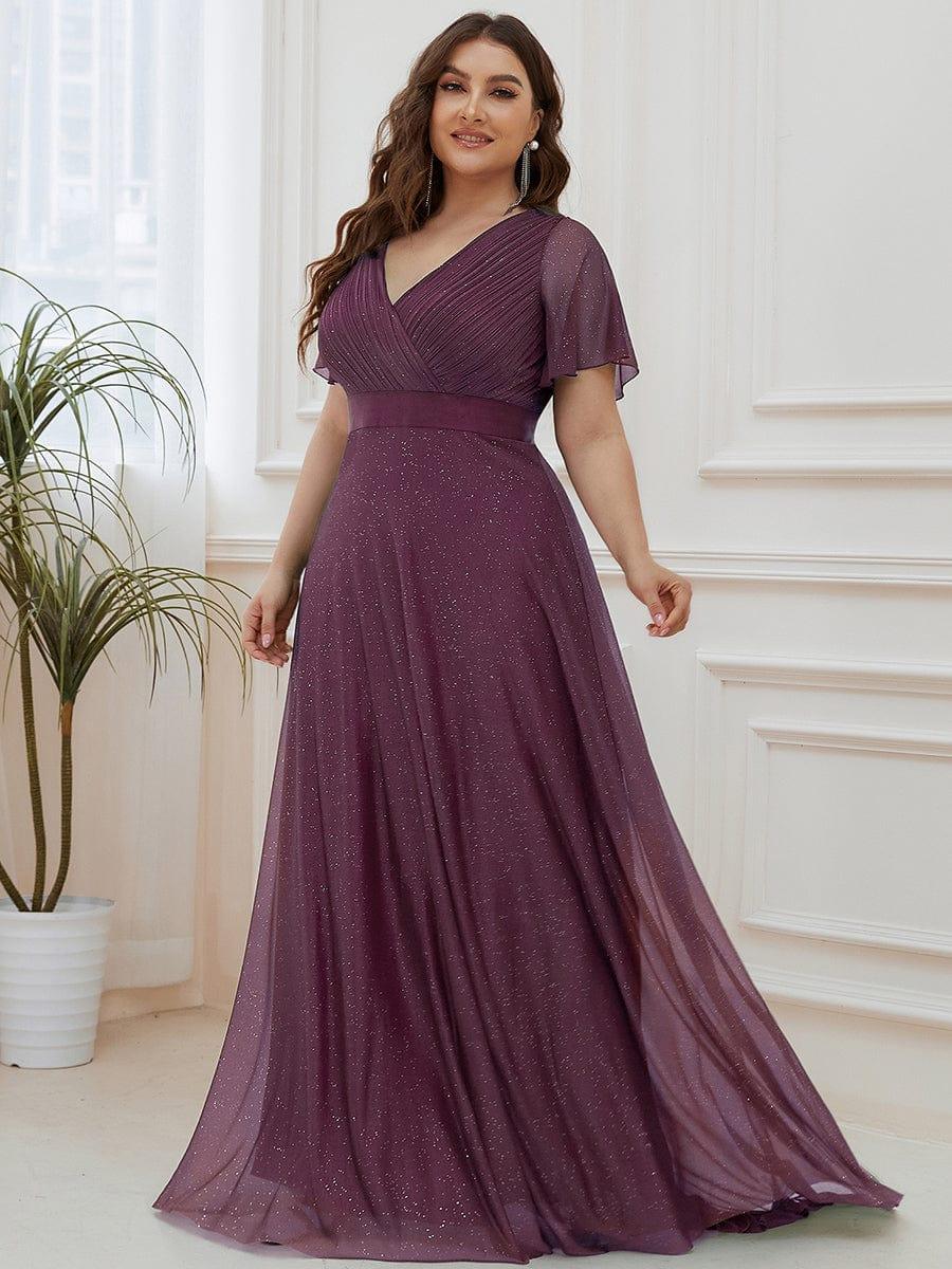 ever LIORÉ|Long Shimmery Flutter Sleeve Pleated V-Neck Evening Dress - Image 47