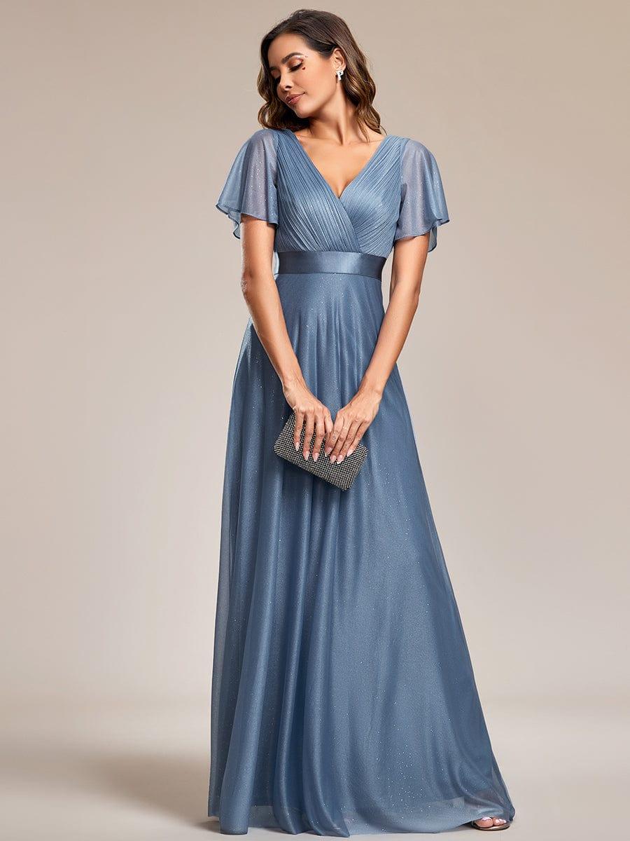 ever LIORÉ|Long Shimmery Flutter Sleeve Pleated V-Neck Evening Dress - Image 49