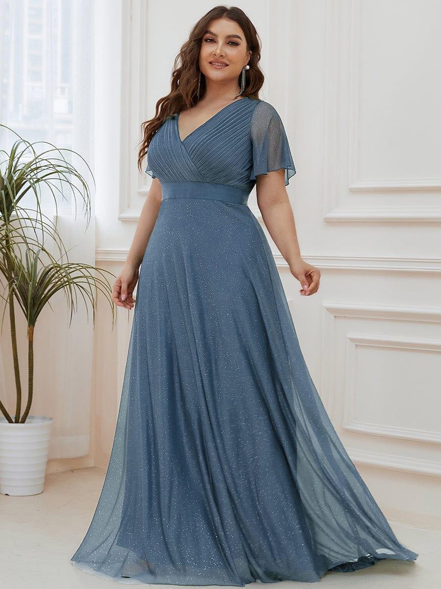 ever LIORÉ|Long Shimmery Flutter Sleeve Pleated V-Neck Evening Dress - Image 54