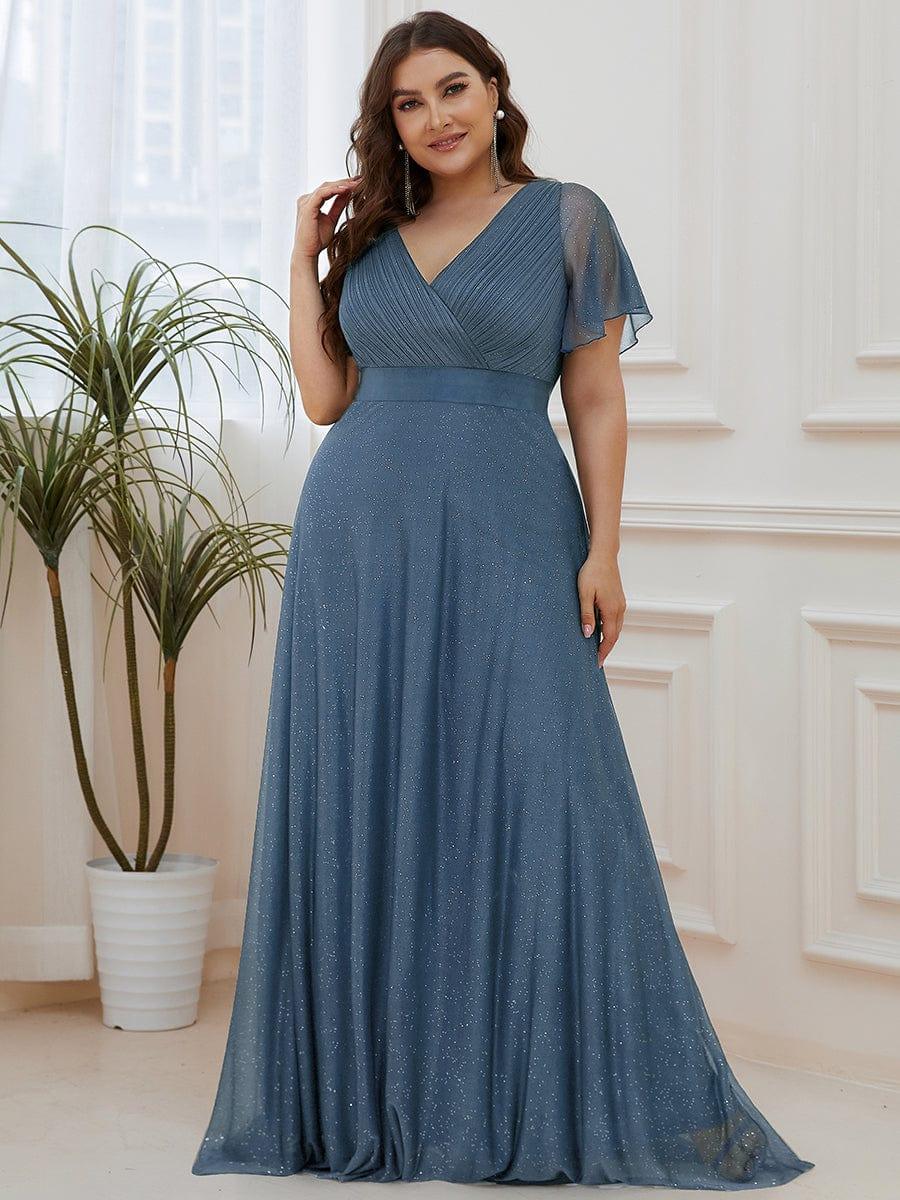 ever LIORÉ|Long Shimmery Flutter Sleeve Pleated V-Neck Evening Dress - Image 58