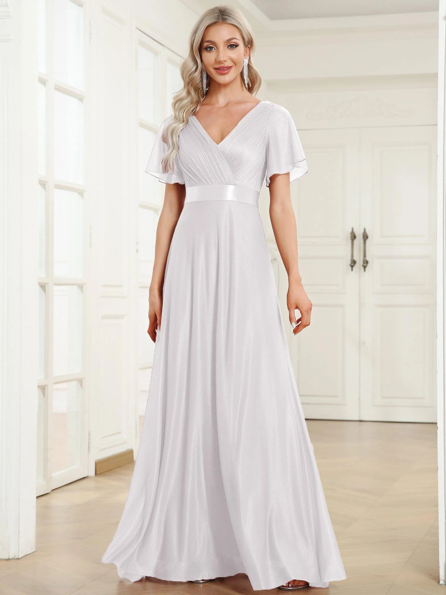 ever LIORÉ|Long Shimmery Flutter Sleeve Pleated V-Neck Evening Dress - Image 59