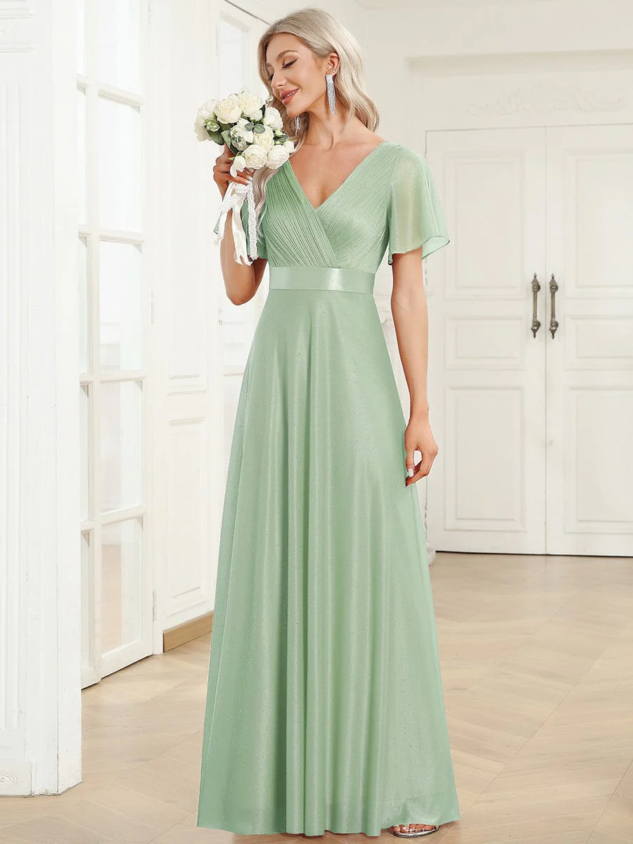 ever LIORÉ|Long Shimmery Flutter Sleeve Pleated V-Neck Evening Dress - Image 62