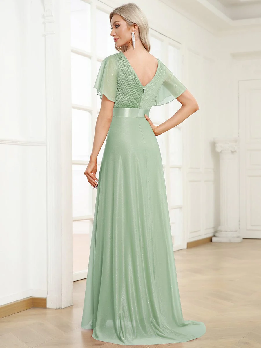ever LIORÉ|Long Shimmery Flutter Sleeve Pleated V-Neck Evening Dress - Image 63