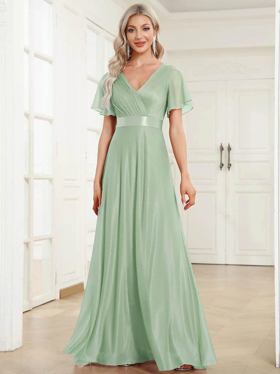 ever LIORÉ|Long Shimmery Flutter Sleeve Pleated V-Neck Evening Dress - Image 65