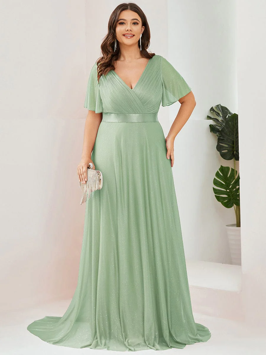 ever LIORÉ|Long Shimmery Flutter Sleeve Pleated V-Neck Evening Dress - Image 67