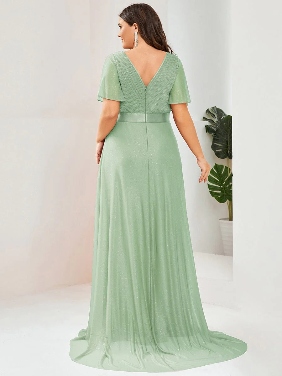 ever LIORÉ|Long Shimmery Flutter Sleeve Pleated V-Neck Evening Dress - Image 68