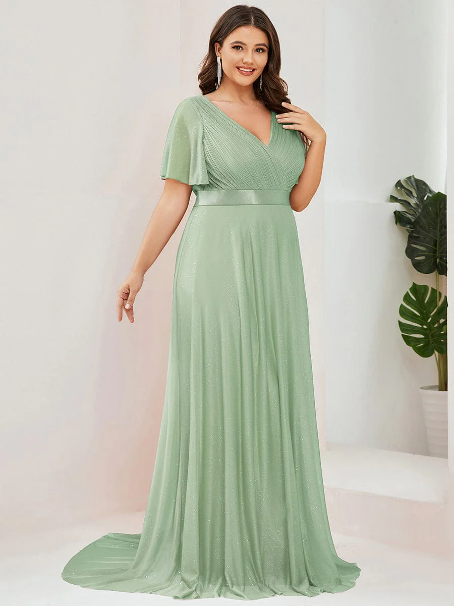 ever LIORÉ|Long Shimmery Flutter Sleeve Pleated V-Neck Evening Dress - Image 70
