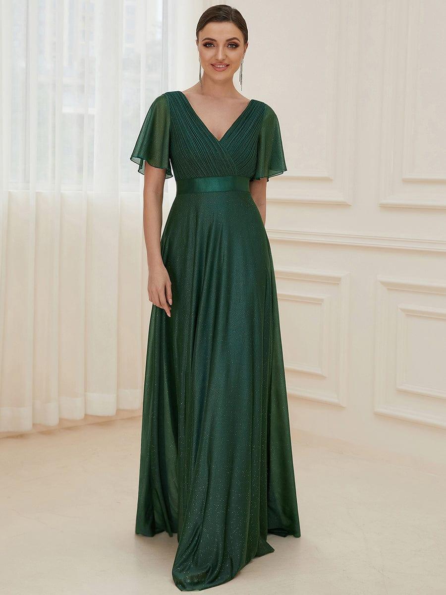 ever LIORÉ|Long Shimmery Flutter Sleeve Pleated V-Neck Evening Dress - Image 8