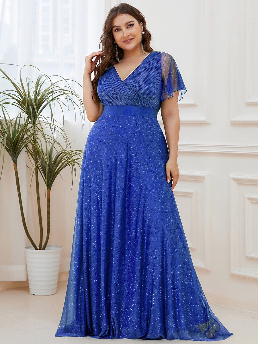 ever LIORÉ|Long Shimmery Flutter Sleeve Pleated V-Neck Evening Dress - Image 87