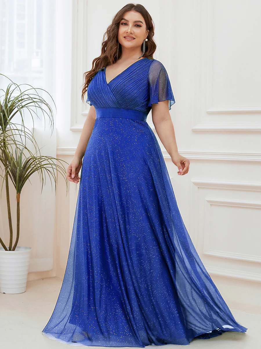 ever LIORÉ|Long Shimmery Flutter Sleeve Pleated V-Neck Evening Dress - Image 90