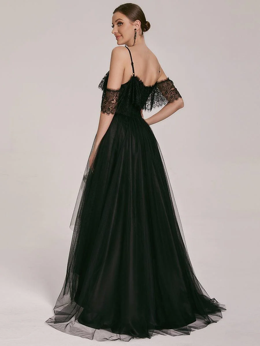 Maxi Long Spaghetti Straps High Low Lace Wedding Dress - Image 10