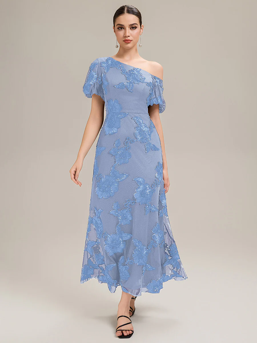 Designer One-Shoulder Puff Sleeve Evening Dress - Image 13