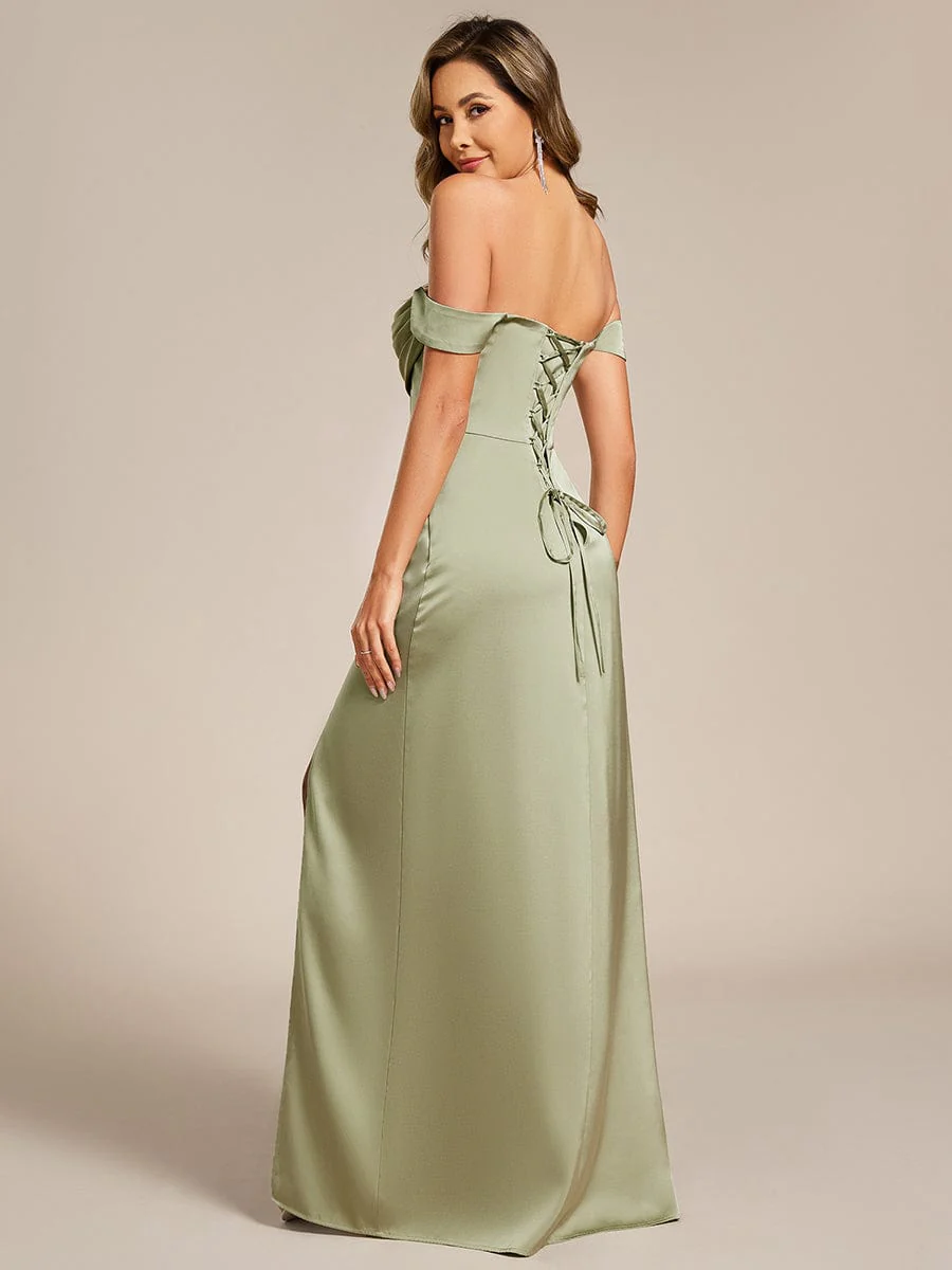 ever OLIVE|Designer Off Shoulder Back-Tie Satin Evening Dress - Image 2