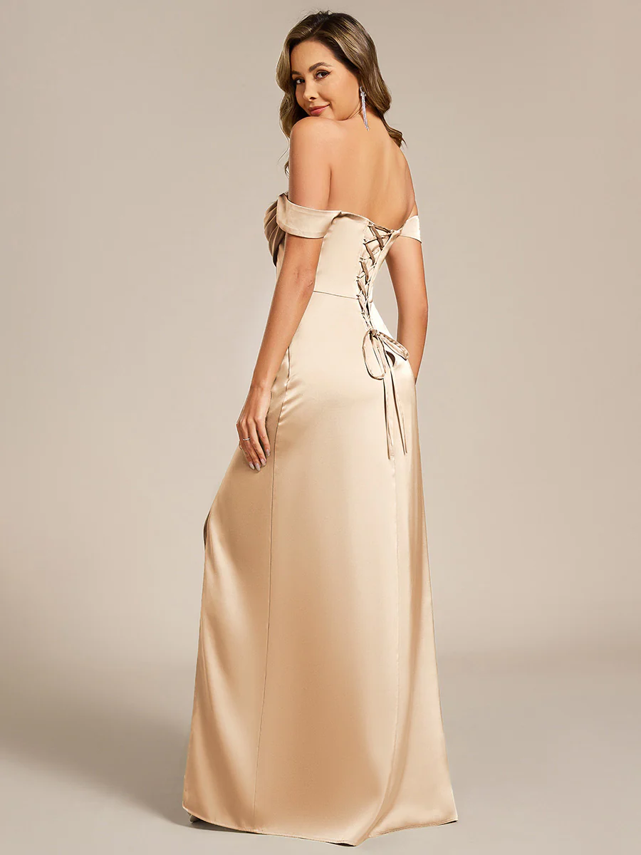 ever OLIVE|Designer Off Shoulder Back-Tie Satin Evening Dress - Image 4
