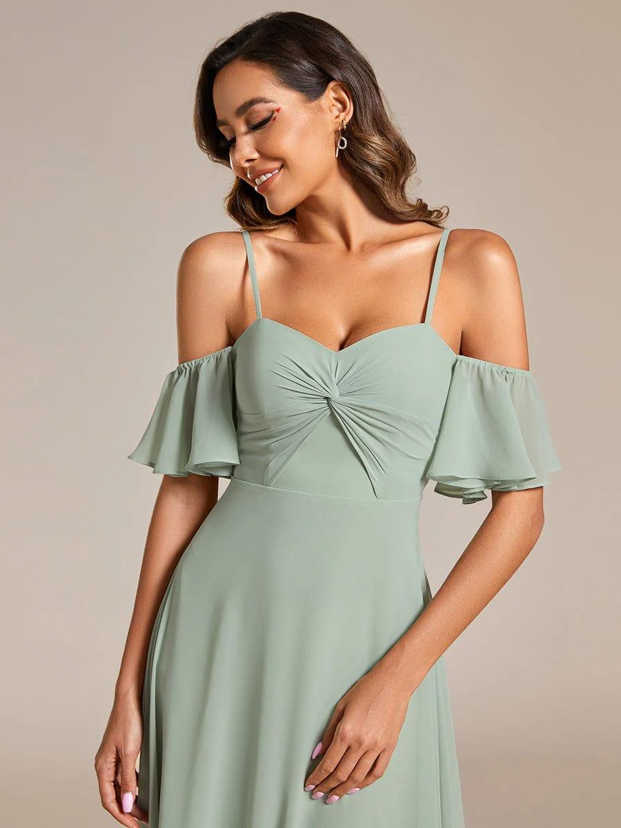 Off Shoulder Chiffon Dresses with Ruffles Sleeve In Sage Green - Image 3