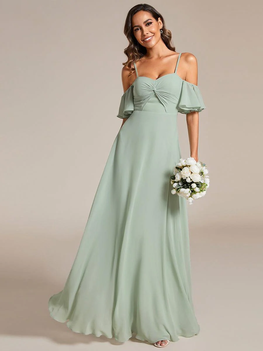 Off Shoulder Chiffon Dresses with Ruffles Sleeve In Sage Green - Image 4