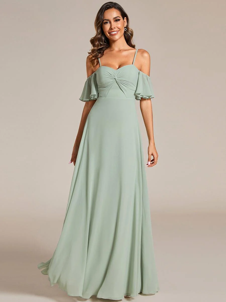 Off Shoulder Chiffon Dresses with Ruffles Sleeve In Sage Green - Image 5