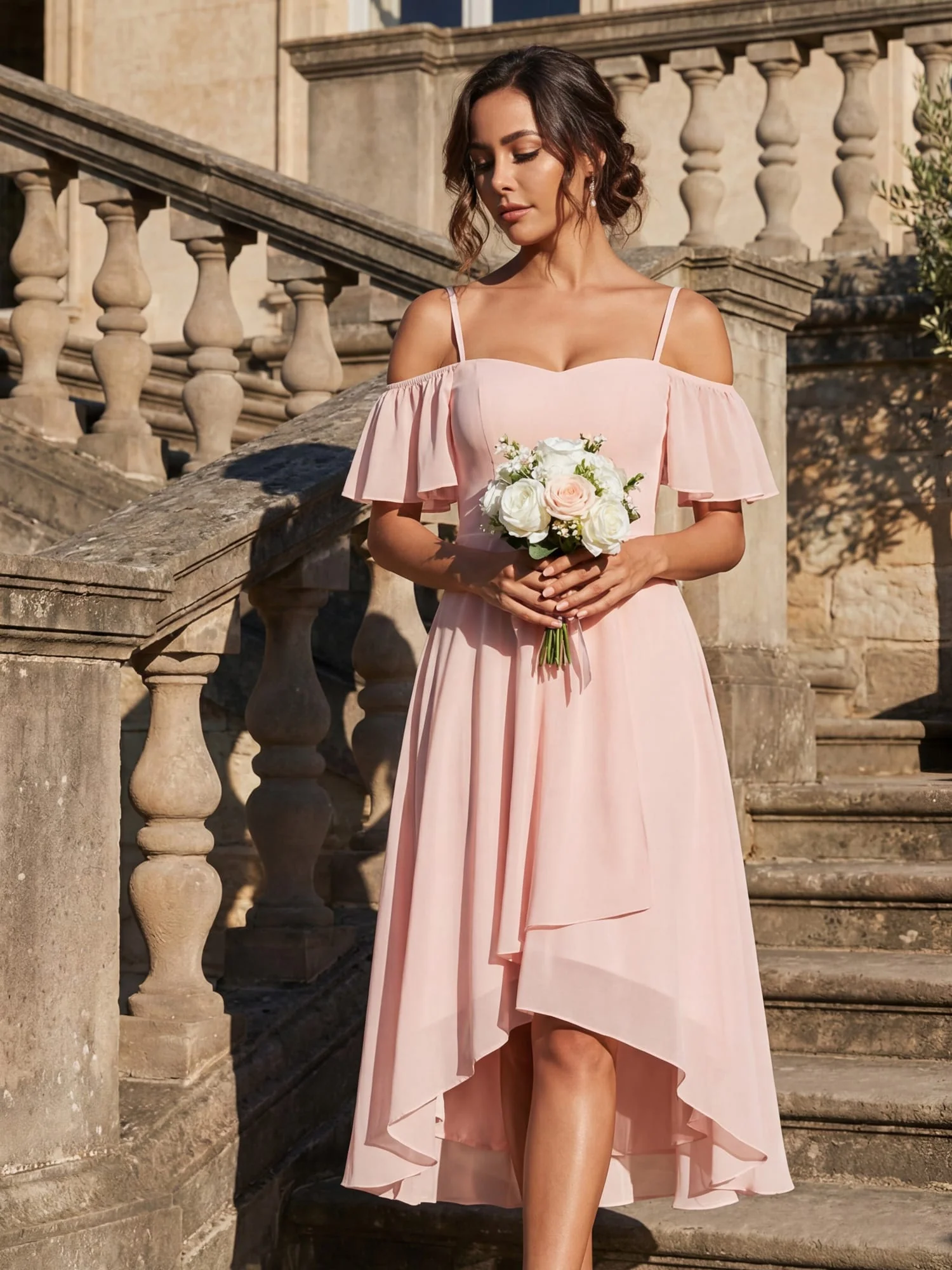 ever JORDANE|Off-Shoulder High-Low Chiffon Bridesmaid Dresses with Short Sleeves - Image 10