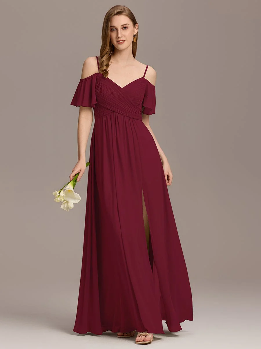 ever GRACIE|Off-Shoulder Pleated High Split Bridesmaid Dress - Image 3
