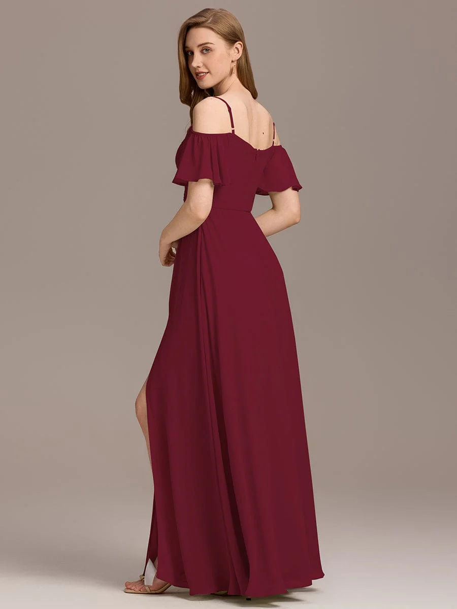 ever GRACIE|Off-Shoulder Pleated High Split Bridesmaid Dress - Image 4
