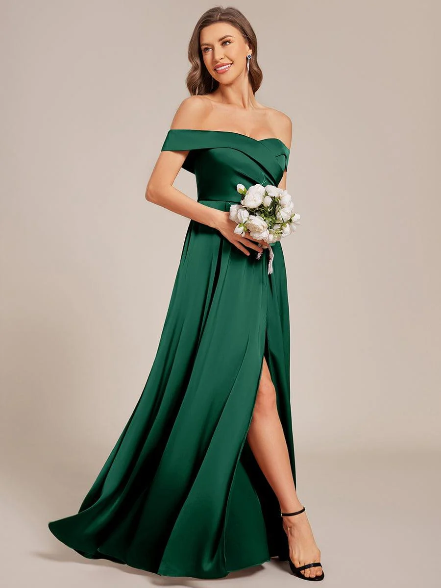 ever SKYE|Off Shoulder Ruched Lace-up Back Satin Bridesmaid Dress